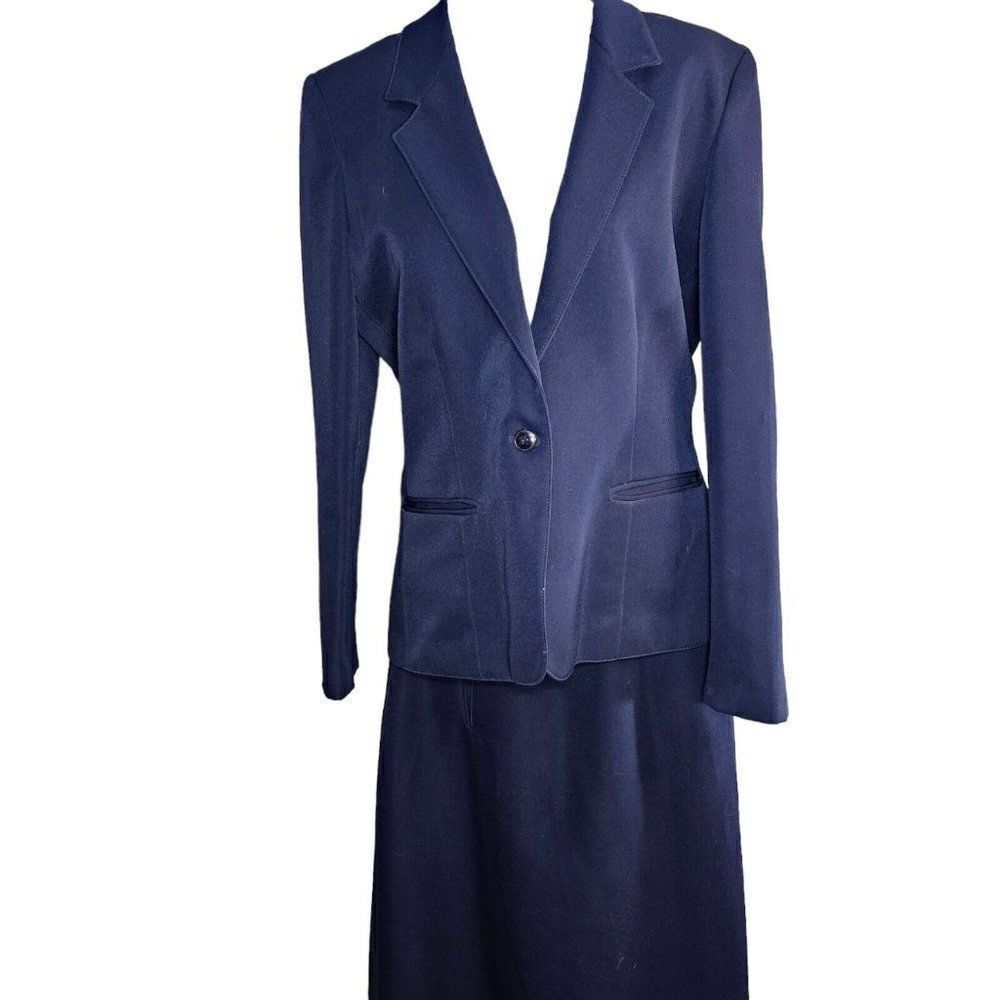 Vintage 80s Partner Suit Skirt Jacket Set Womens L Navy Blue Business Academia